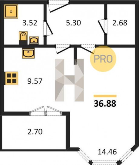 Однокомнатная квартира 36.88 м²