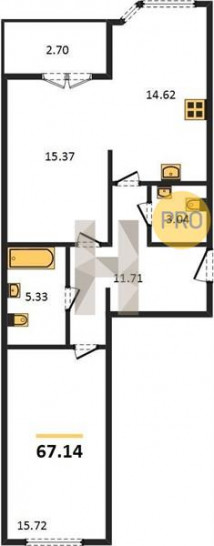 Двухкомнатная квартира 67.14 м²