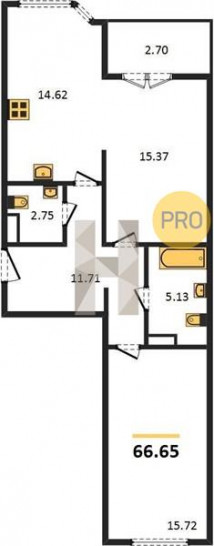 Двухкомнатная квартира 66.65 м²