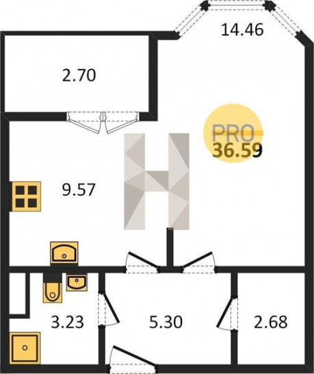 Однокомнатная квартира 36.59 м²
