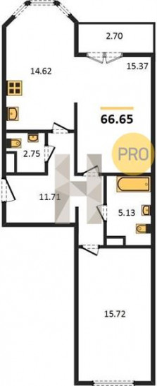 Двухкомнатная квартира 66.65 м²