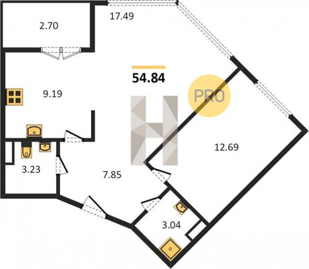 Двухкомнатная квартира 54.84 м²