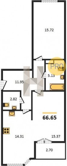 Двухкомнатная квартира 66.65 м²