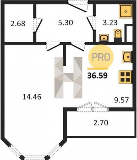 Однокомнатная квартира 36.59 м²
