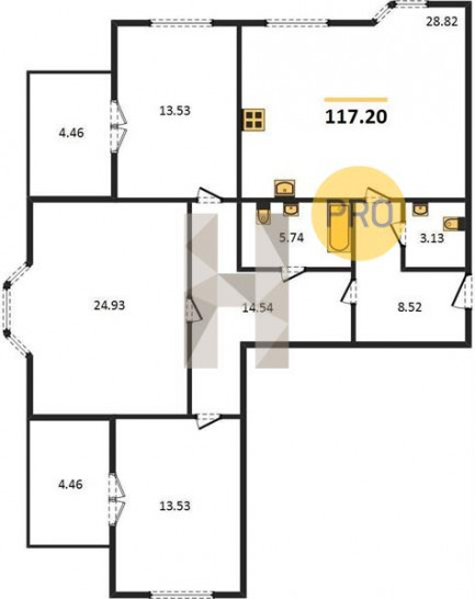 Трёхкомнатная квартира 117.2 м²