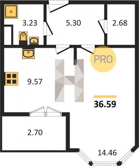 Однокомнатная квартира 36.59 м²