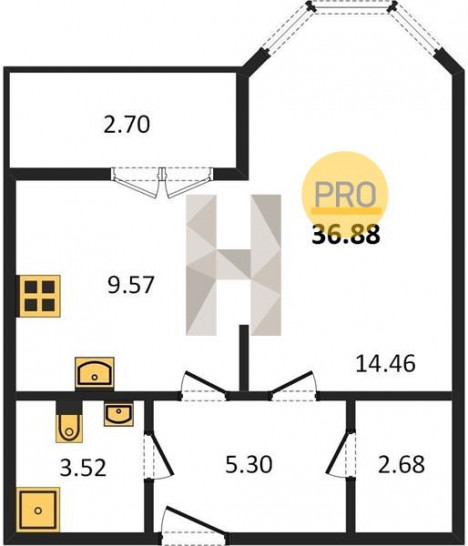 Однокомнатная квартира 36.88 м²
