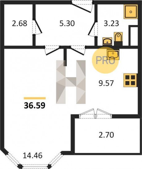 Однокомнатная квартира 36.59 м²