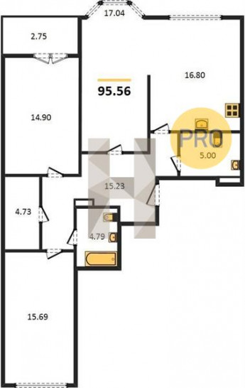 Трёхкомнатная квартира 95.56 м²