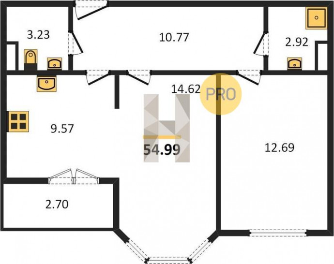 Двухкомнатная квартира 54.99 м²