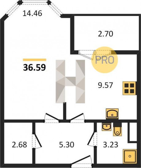 Однокомнатная квартира 36.59 м²