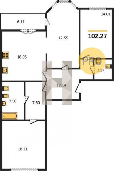 Трёхкомнатная квартира 102.27 м²