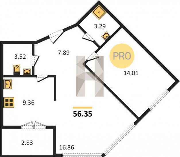 Однокомнатная квартира 56.35 м²