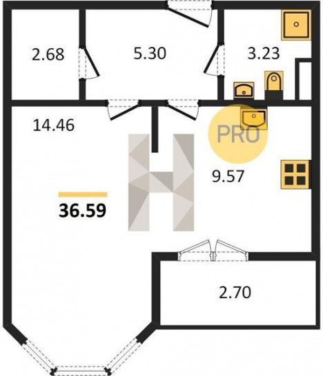 Однокомнатная квартира 36.59 м²