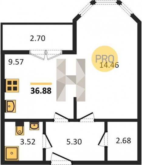 Однокомнатная квартира 36.88 м²