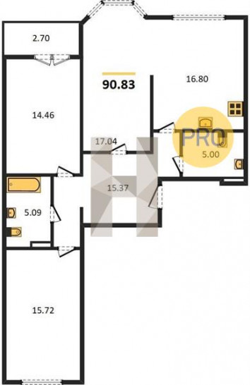 Трёхкомнатная квартира 90.83 м²