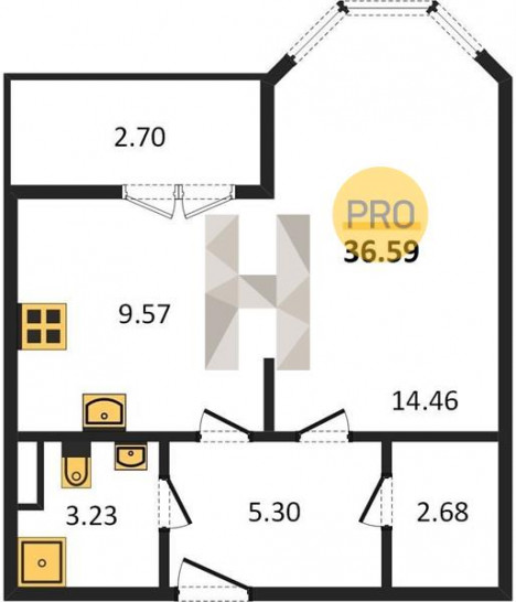 Однокомнатная квартира 36.59 м²