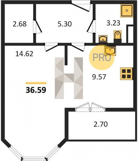 Однокомнатная квартира 36.59 м²