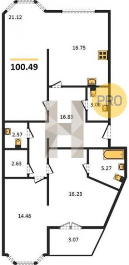 Двухкомнатная квартира 100.49 м²