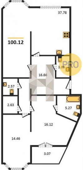 Однокомнатная квартира 100.12 м²