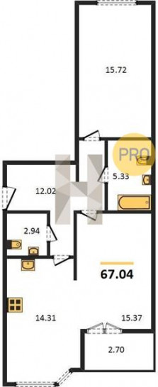 Двухкомнатная квартира 67.04 м²