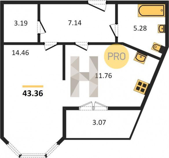 Однокомнатная квартира 43.36 м²