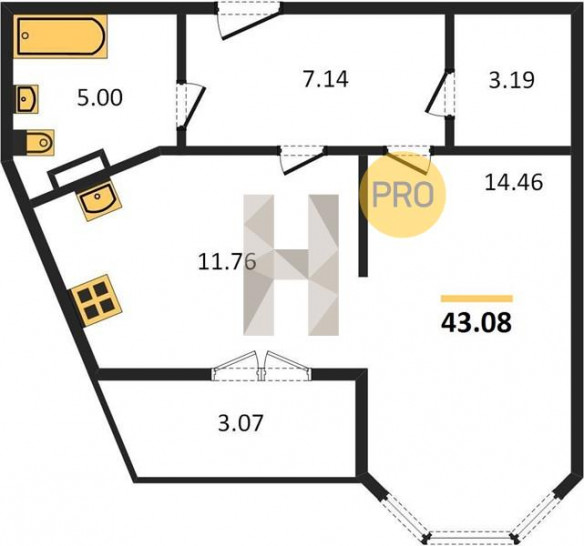 Однокомнатная квартира 43.08 м²