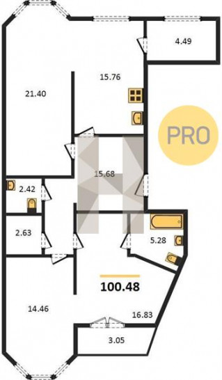 Двухкомнатная квартира 100.48 м²