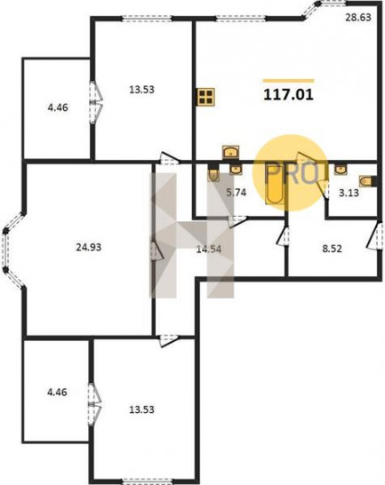 Трёхкомнатная квартира 117.01 м²