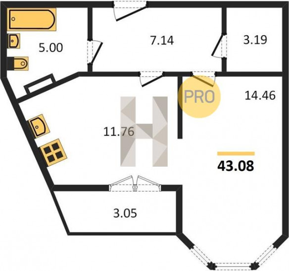 Однокомнатная квартира 43.08 м²